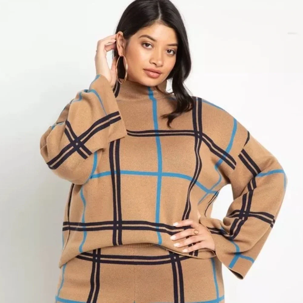 Eloquii Mock Neck Windowpane Plaid Sweater Size 18/20 - Picture 3 of 4